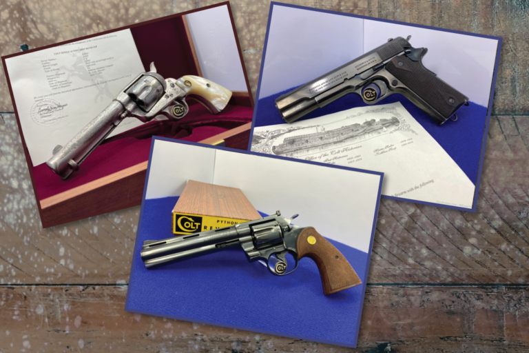 Top 3 Guns in the February Collection: A 1891 Peacemaker, a 1914 Colt Government and a 1963 Colt Python