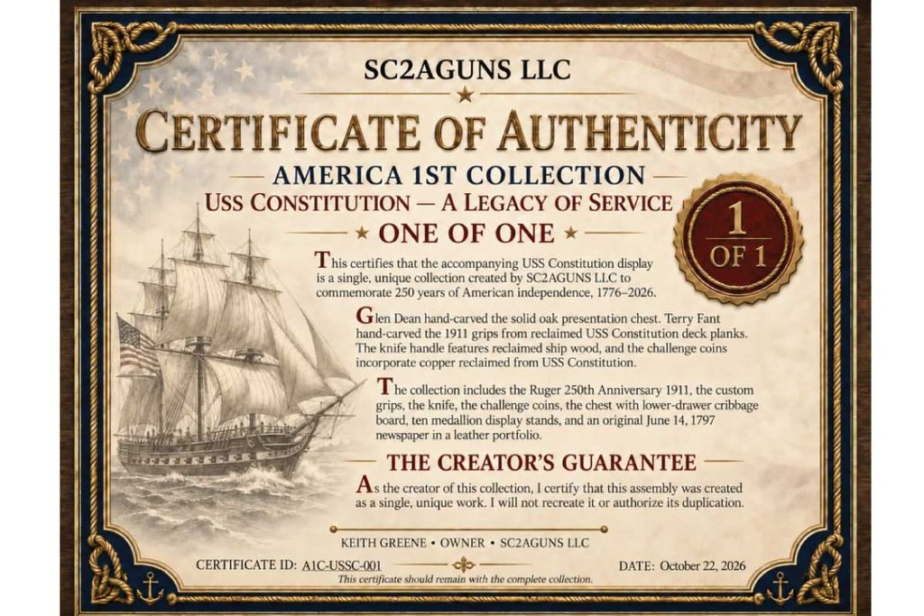 More than 200 years of American naval history come together in this one-of-one USS Constitution display, honoring 250 years of American independence.